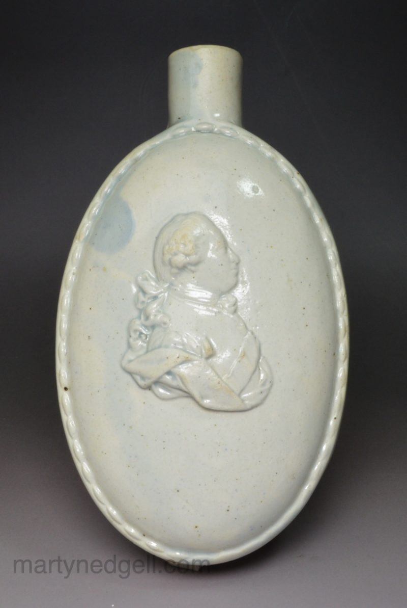 Pearlware pottery flask moulded with King George III, circa 1790
