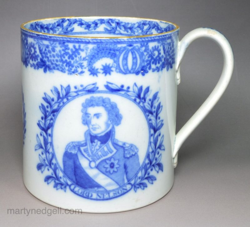 Pearlware pottery mug 'LORD NELSON, LORD COLLINGWOOD', circa 1805