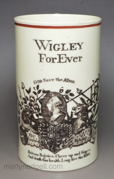 Creamware pottery electioneering mug, dated March 17, 1789 on the scroll