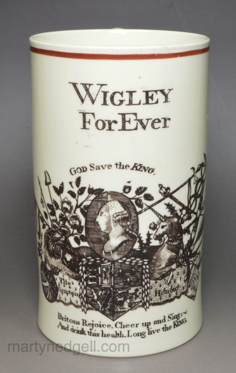 Creamware pottery electioneering mug, dated March 17, 1789 on the scroll