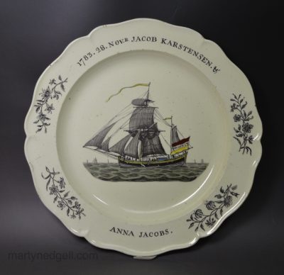 Liverpool creamware pottery marriage plate dated 1783, printed with a small boat 'PROJECT'