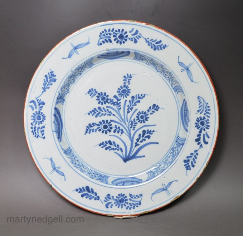Liverpool delft plate decorated in blue floral, 1750