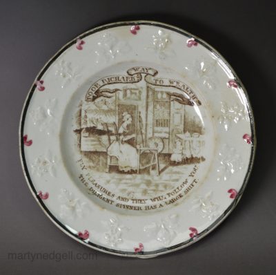 Pearlware pottery child's plate 'POOR RICHARD'S WAY TO WEALTH', circa 1840