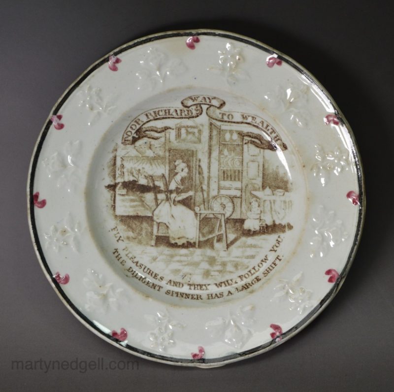 Pearlware pottery child's plate 'POOR RICHARD'S WAY TO WEALTH', circa 1840