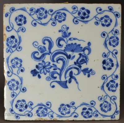Liverpool delft tile decorated with a floral, circa 1770