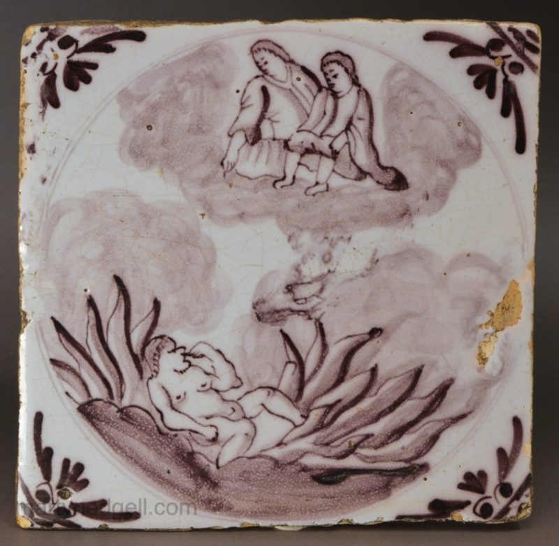 London delft biblical tile of Lazarus in heaven and Dives in hell, circa 1750