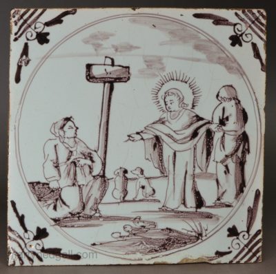 London delft biblical tile of Christ and Canaanite woman, circa 1750
