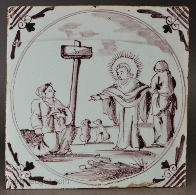 London delft biblical tile of Christ and Canaanite woman, circa 1750