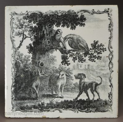 Liverpool delft Sadler print tile 'The Dog and the Sheep', circa 1770