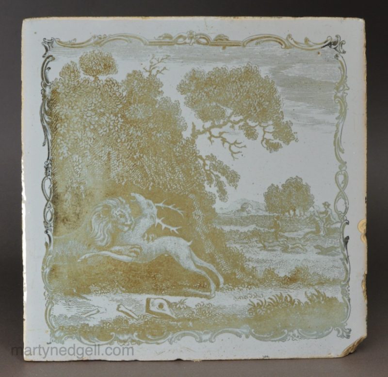Liverpool delft Sadler print tile 'The deer and the lion', circa 1770