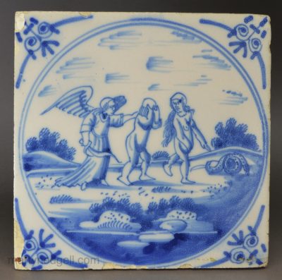 Dutch Delft biblical tile of Adam and Eve getting cast out of Eden, circa 1750