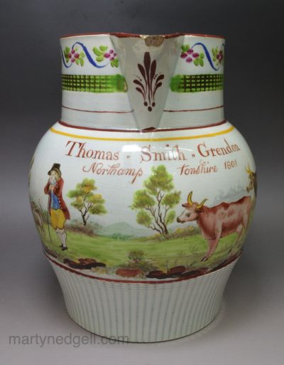 Pearlware pottery jug decorated with overglaze enamels for the farmer 'Thomas Smith, Grendon, Northamptonshire 1801'