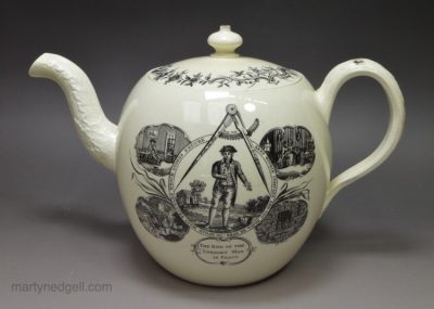 Creamware pottery teapot decorated with prints 'Keep Within the Compass', circa 1770, Wedgwood