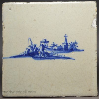 dutch Delft tile of a man with a walking stick, circa 1700