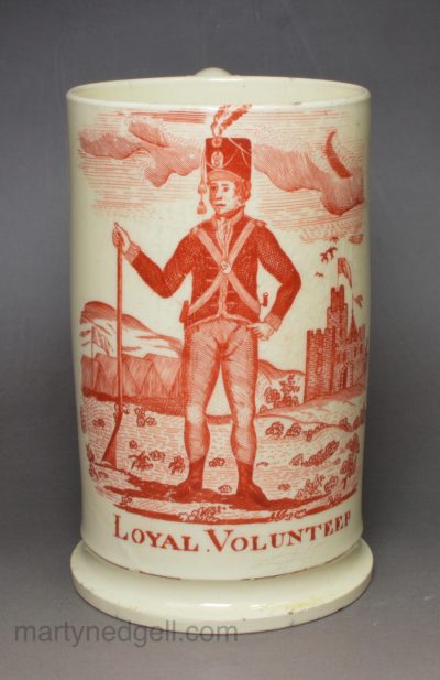 Commemorative creamware pottery mug 'LOYAL VOLENTEERS', circa 1795