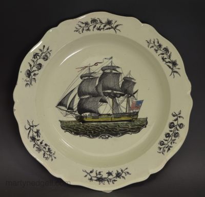 Creamware pottery plate decorated with a print of an American ship, circa 1780, probably Liverpool Pottery