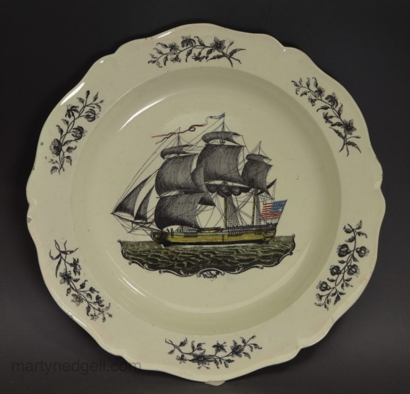 Creamware pottery plate decorated with a print of an American ship, circa 1780, probably Liverpool Pottery