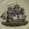 Creamware pottery plate decorated with a print of an American ship, circa 1780, probably Liverpool Pottery