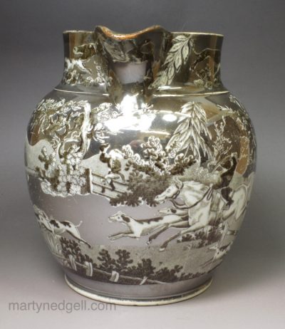 Pearlware pottery jug decorated with hunting prints and silver resist lustre, circa 1820