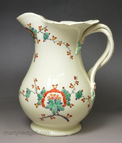 Creamware pottery jug decorated with Japanese style enamels, circa 1770 possibly Leeds Pottery