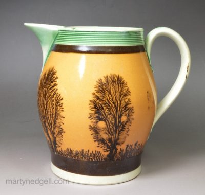 Pearlware pottery jug decorated with slip and dendritic markings, mochaware, circa 1820