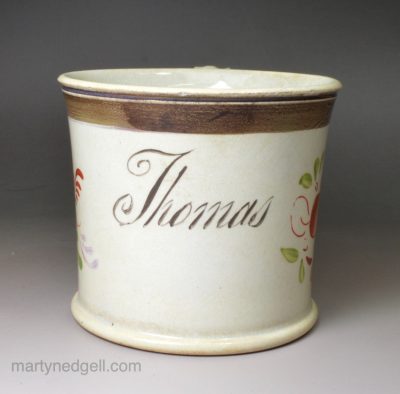 Pearlware pottery child's mug 'Thomas', circa 1840