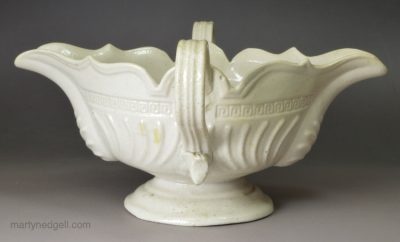 Staffordshire white saltglaze stoneware double handled sauce boat, circa 1760