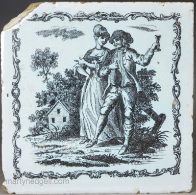 Liverpool delft tile decorated with a Sadler print from a book by John Bowles, circa 1770