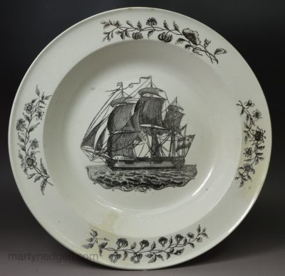 Creamware pottery soup plate decorated with a print of a ship, circa 1805 Herculaneum Pottery, Liverpool
