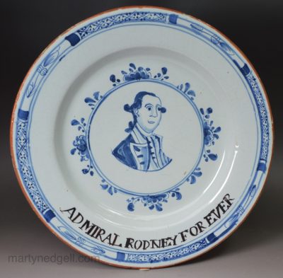 London delft plate decorated with a portrait of Admiral Rodney, circa 1785