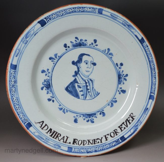 London delft plate decorated with a portrait of Admiral Rodney, circa 1785