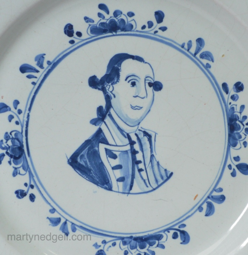 London delft plate decorated with a portrait of Admiral Rodney, circa 1785
