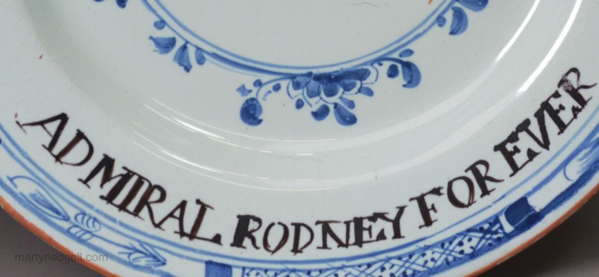 London delft plate decorated with a portrait of Admiral Rodney, circa 1785