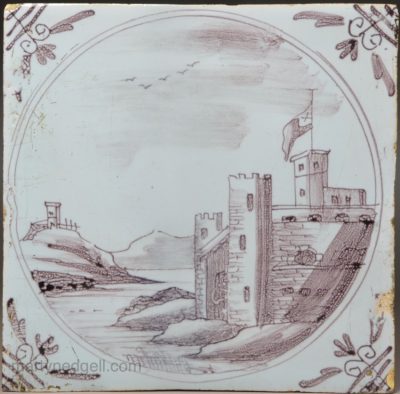 London delft tile painted with a castle in manganese, circa 1750