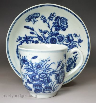 Worcester porcelain coffee cup and saucer printed with the three flowers pattern, circa 1780