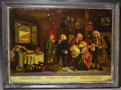 Reverse print on glass 'Marriage A La Mode Plate VI' by Hogarth, circa 1770
