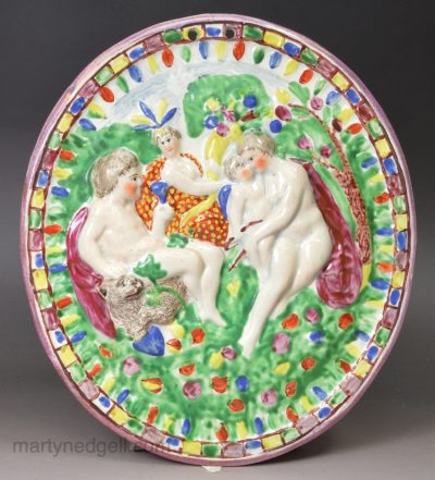 Pearlware pottery plaque moulded with Bacchus and Nymphs, circa 1830