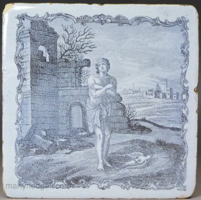 Liverpool delft Aesop’s Fable Sadler printed tile ‘The Young Man and the Swallow’, circa 1770