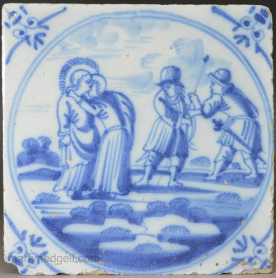 Dutch Delft biblical tile, circa 1750, Judas embraces Jesus