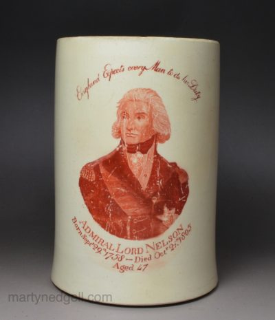 Creamware pottery commemorative mug 'ADMIRAL LORD NELSON', circa 1805