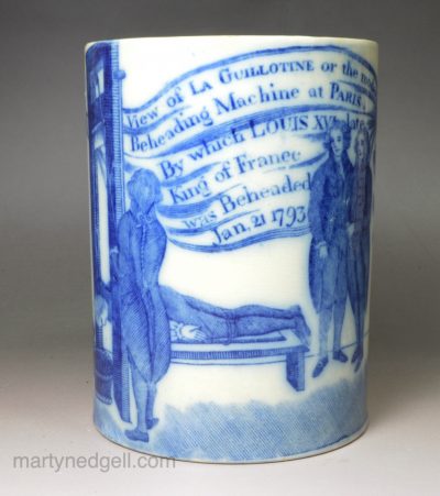 Swansea pottery mug with a transfer print with a view of La Guillotine, circa 1793
