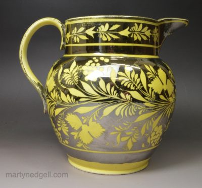 Canary yellow jug decorated with silver resist lustre, circa 1820