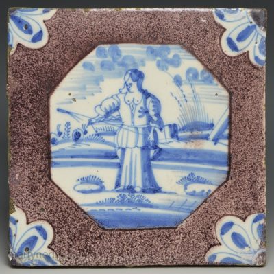 Dutch Delft tile decorated with a shepherdess, circa 1750