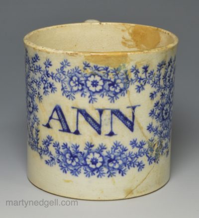 Pearlware pottery child's mug 'ANN', circa 1830