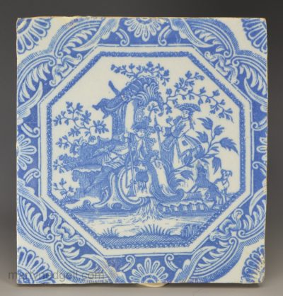 Liverpool delft tile decorated in Sadler woodblock print of 'A Lady and Gentleman in a hunting costume', circa 1756-7