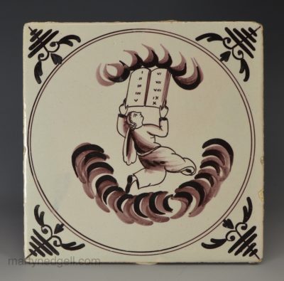 Liverpool delft biblical tile of ' Moses returns with the 10 commandments', circa 1760