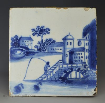 Liverpool delft tile decorated with a landscape of man fishing, circa 1760