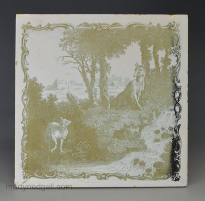 Liverpool delft Aesop’s Fable Sadler printed tile ‘The Wolf and the Lamb’, circa 1770