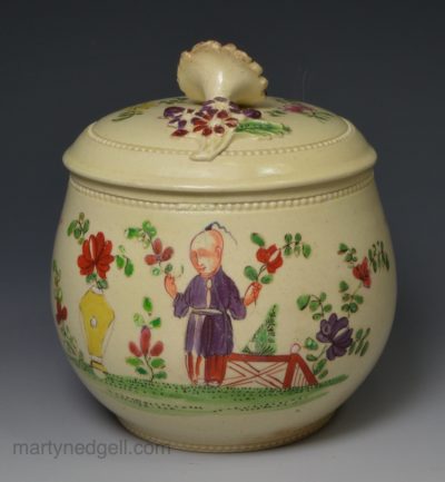 Creamware pottery sugar bowl and cover decorated with overglaze enamels, circa 1770