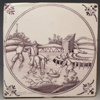 Dutch Delft tile decorated with a farming scene, circa 1740